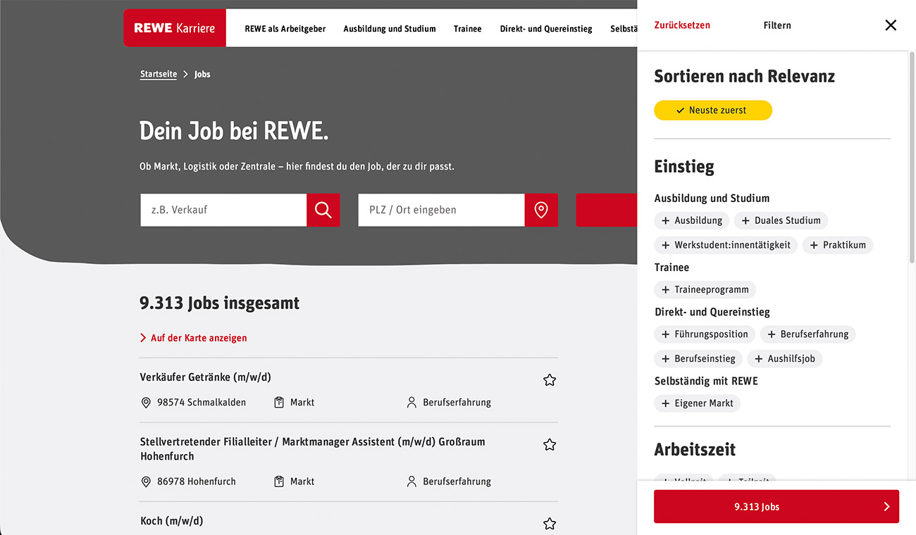 Karriere-Website „REWE Karriere“ mit Job-Suche, Suchfeldern und einer rechten Filterleiste (Sortierung, Einstiegskategorien).