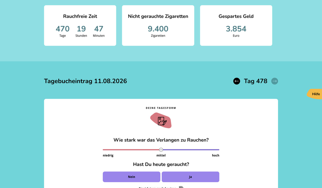 Übersicht einer App mit Rauchdaten: rauchfreie Zeit 470 Tage, 19 Stunden, 47 Minuten, 9.400 nicht gerauchte Zigaretten und 3.854 Euro gespart; Tagebucheintrag 11.08.2026 mit Skala zum Verlangen und Auswahl „Nein/Ja“.