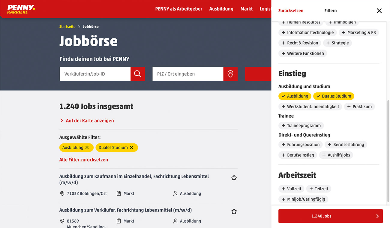 Screenshot einer Jobbörse-Website mit Suchfeldern, Filterleiste und Stellenliste; Anzeige „1.240 Jobs insgesamt“ und Filteroptionen „Ausbildung“ und „Duales Studium“.