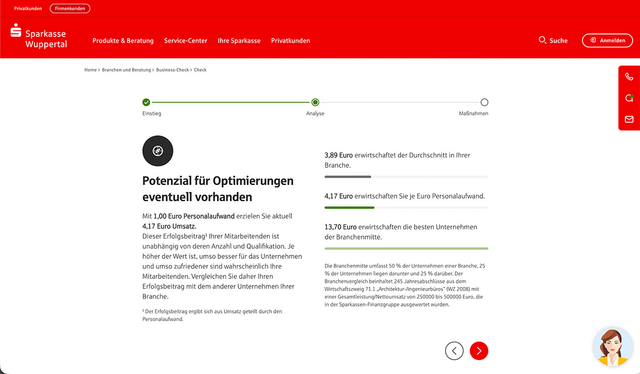 Screenshot einer Website mit rotem Kopfbereich, Navigationsmenü, Statusleiste (Einstieg/Analyse/Maßnahmen) und Abschnitt „Potenzial für Optimierungen eventuell vorhanden“ mit Ergebniswerten in Euro.