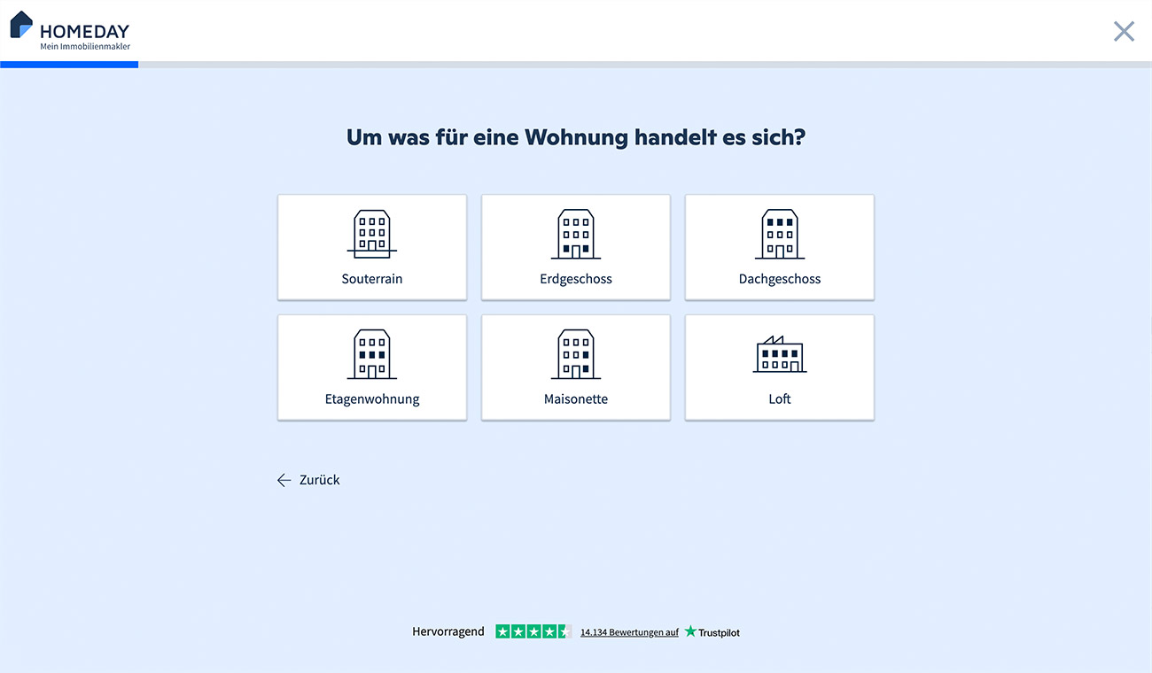 Website-Übersicht mit Frage zur Wohnungstyp-Auswahl: Souterrain, Erdgeschoss, Dachgeschoss, Etagenwohnung, Maisonette und Loft; dazu HOME DAY-Header und Zurück-Schaltfläche.