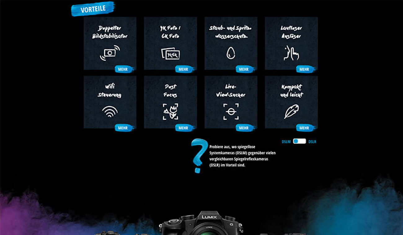 Schwarze Infografik mit blau markierter Titelleiste „VORTEILE“, mehreren Textkacheln zu Kamera-Funktionen (z. B. Bildstabilisator, WLAN-Steuerung, Post Focus, Live-View-Sucher) sowie einer großen „2?“ und teils sichtbarer Lumix-Kamera unten.