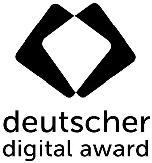 Schwarzes, überlappendes Rautensymbol über dem Schriftzug „deutscher digital award“ auf weißem Hintergrund.