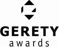 Schwarzes Logo und Text „GERETY awards“ auf weißem Hintergrund, mit abstraktem Dreiecks-Symbol oben.
