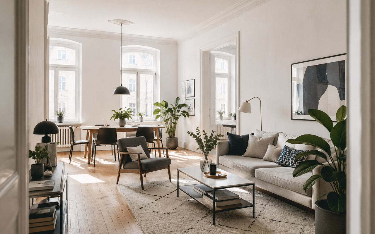 Helles Wohnzimmer mit Sofa, Couchtisch, Essbereich mit Holztisch und Stühlen, Zimmerpflanzen, großen Fenstern und gerahmten Bildern.