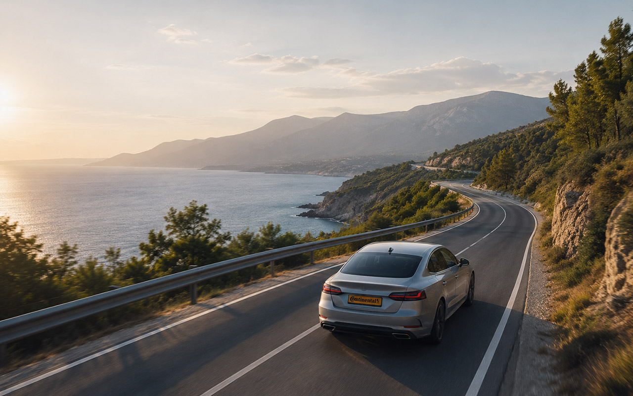 Silberne Limousine fährt auf einer kurvigen Küstenstraße mit Leitplanke am Meer entlang, bei goldenem Abendlicht; Berge und Wasser im Hintergrund.