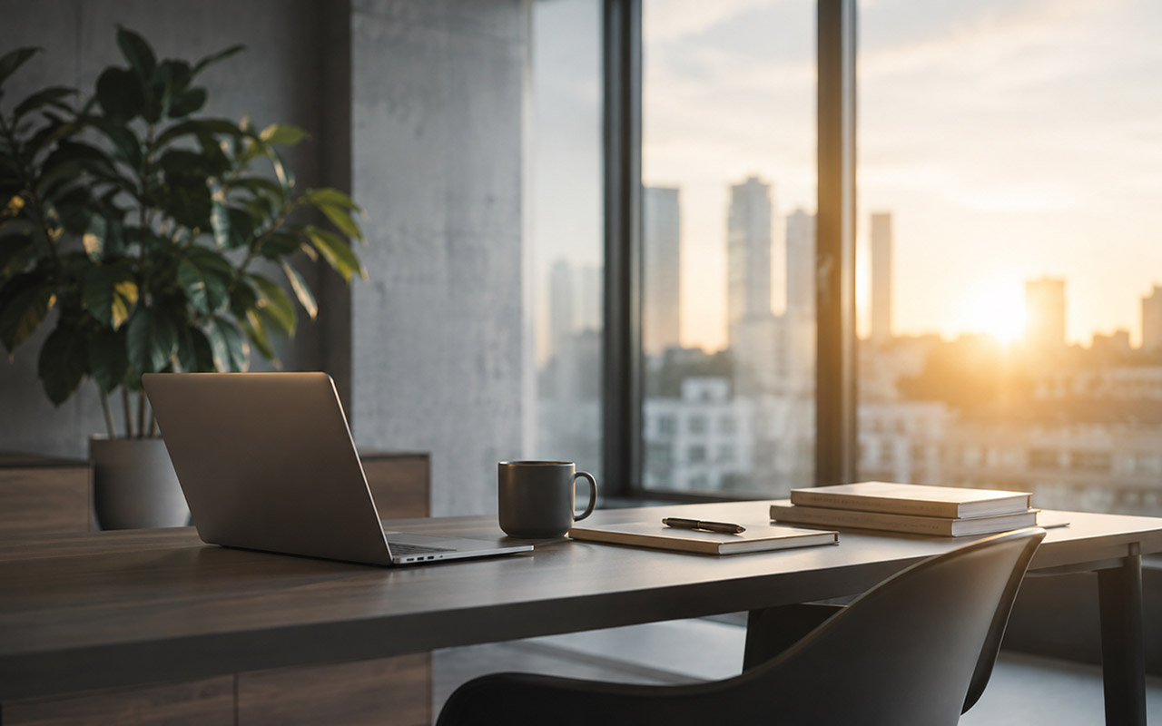 Schreibtisch mit Notebook, Tasse, Stift und Büchern vor einem Fenster mit Blick auf eine Stadt bei warmem Abendlicht, mit Topfpflanze links.